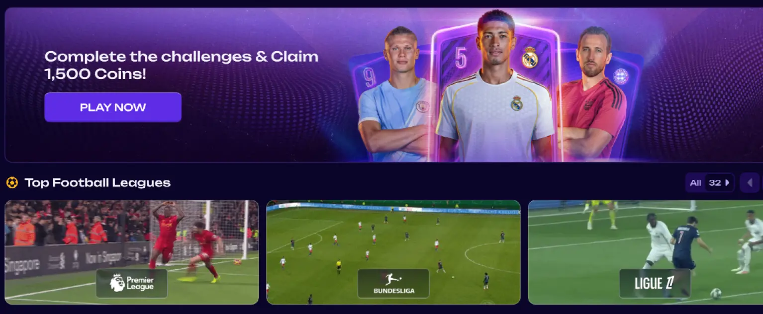 Sportpagina met banner “Complete the challenges & Claim 1,500 Coins!” en knop Play Now, daaronder sectie “Top Football Leagues” met kaarten voor Premier League, Bundesliga en Ligue 1